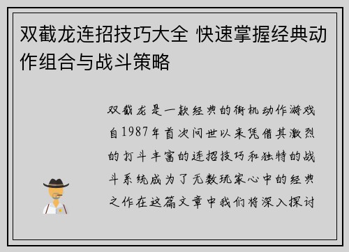 双截龙连招技巧大全 快速掌握经典动作组合与战斗策略